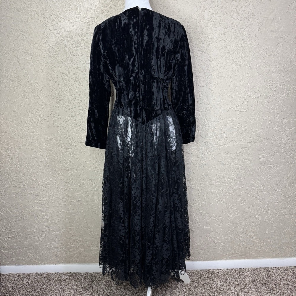 VTG 80s Black Velvet Lace Dress Size XS Sheer Witchy Goth Whimsigoth Formal Prom - Picture 3 of 12